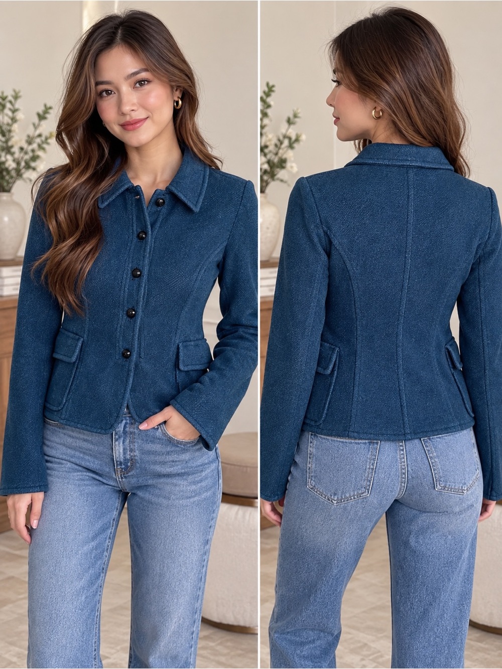 Charles Nolan New York Blue Cotton Tailored Jacket Size 4
